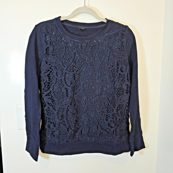 J. Crew Navy Crochet Lace-Front Crew Neck Sweatshirt Size M Cotton Silk Blend - Picture 1 of 8